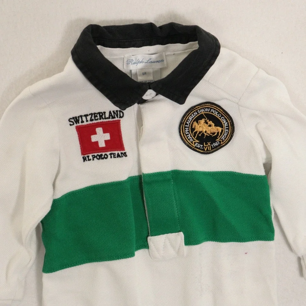 Ralph Lauren Rugby Romper Switzerland Polo Team Crest White Cotton Kids Baby 6M